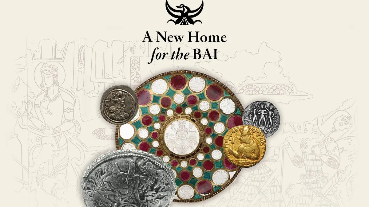 Collage of West Asian archaeological artifacts with text 'A New Home for the BAI'.