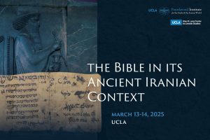 The text "The Bible in Its Ancient Iranian Context" layered on top of a statue of Xerxes and a folio extract of Esther from the Cairo Genizah