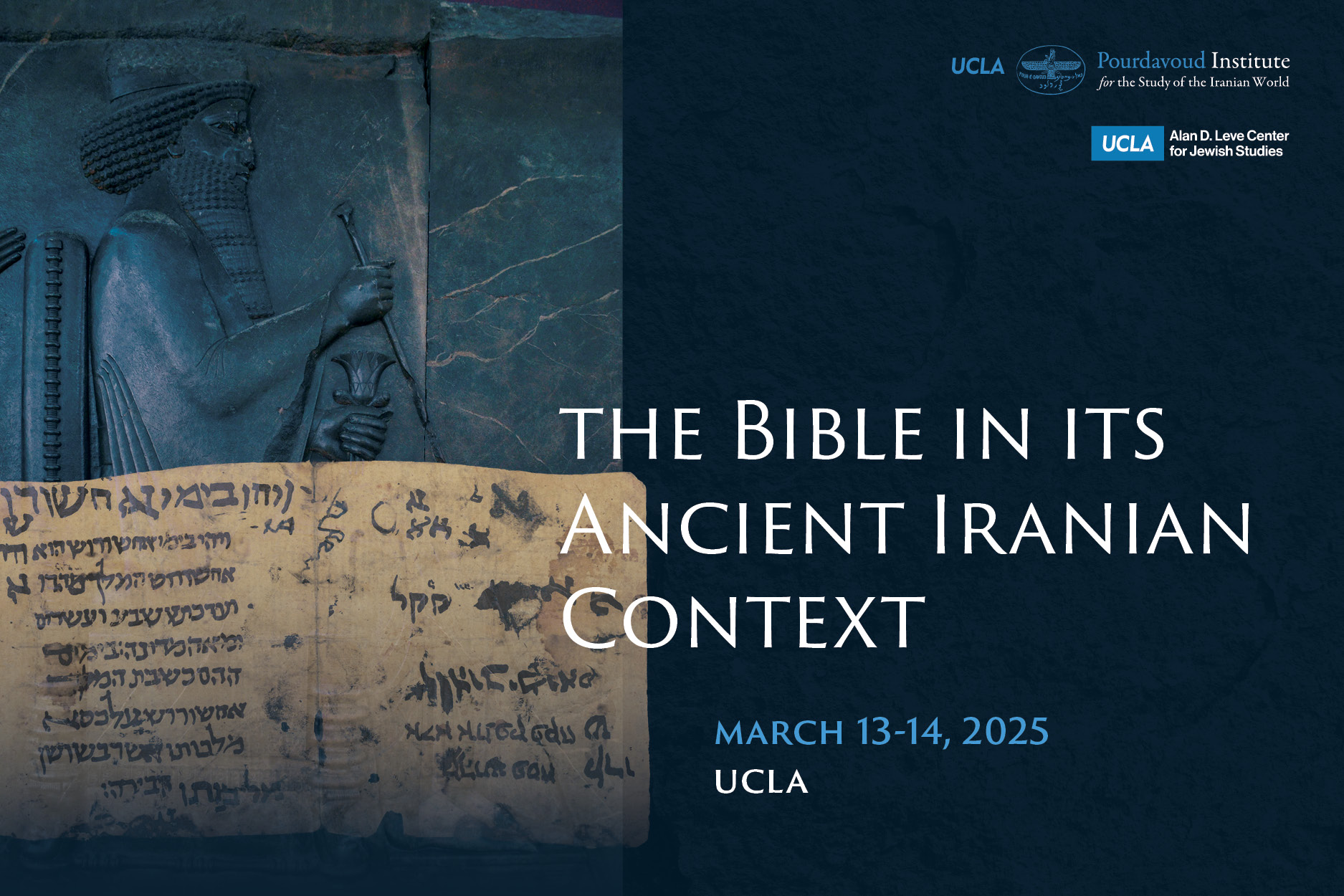 The text "The Bible in Its Ancient Iranian Context" layered on top of a statue of Xerxes and a folio extract of Esther from the Cairo Genizah