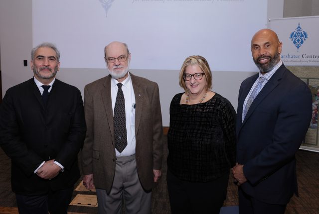 M. Rahim Shayegan, director of the Pourdavoud Institute and Yarshater Center; Elton Daniel, secretary of the Persian Heritage Foundation; Alexandra Minna Stern, dean of the UCLA Division of the Humanities; and Darnell Hunt, UCLA interim chancellor.